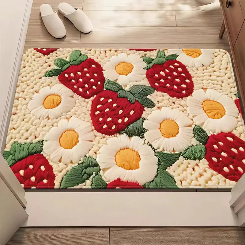 Tapis de bain fraise marguerite – Microfibre absorbante