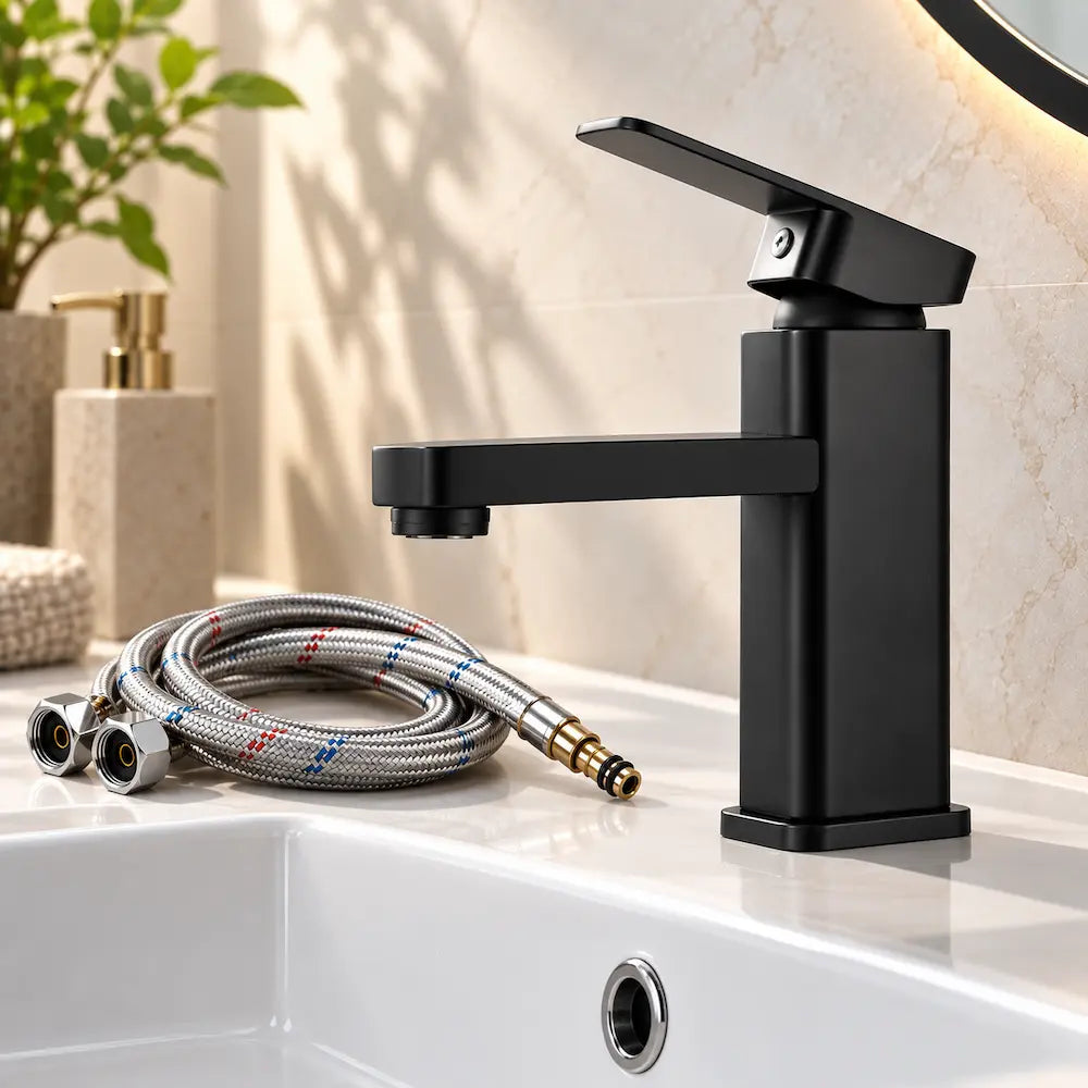Robinet de lavabo carré – Mitigeur chaud & froid finition noire