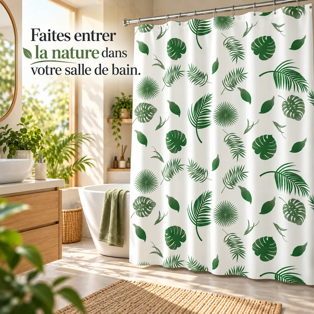 Rideau de douche feuillage vert – Séchage rapide et semi-opaque