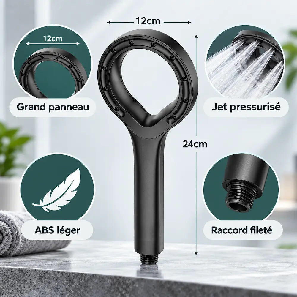 Pommeau de douche pressurisé – Grand panneau, jet puissant