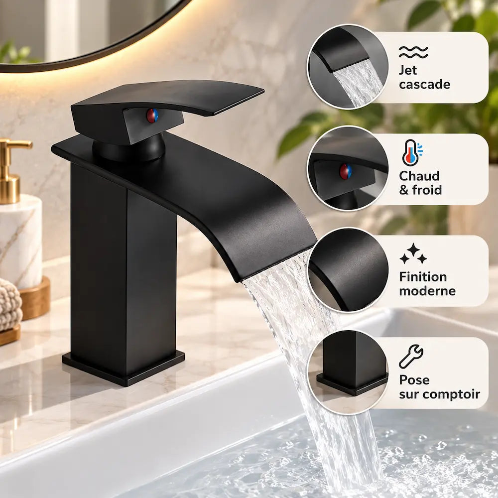 Robinet de lavabo cascade – Mitigeur chaud & froid à poser