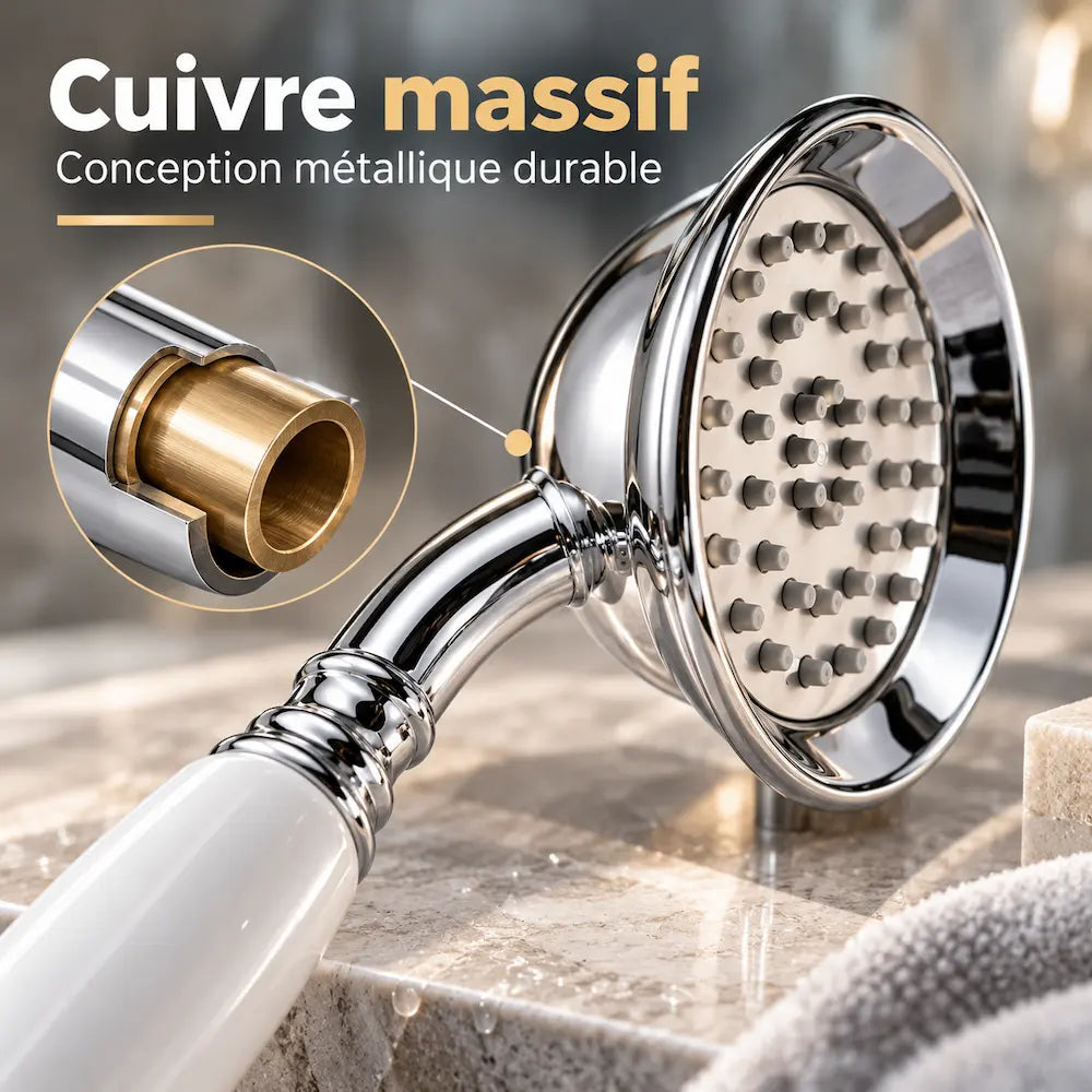 Pommeau de douche en cuivre massif – Finition chromée haut de gamme