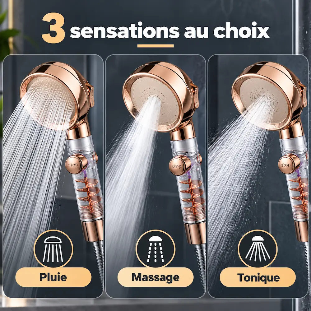 Pommeau de douche turbocompressé – 3 jets, massage et économie d'eau
