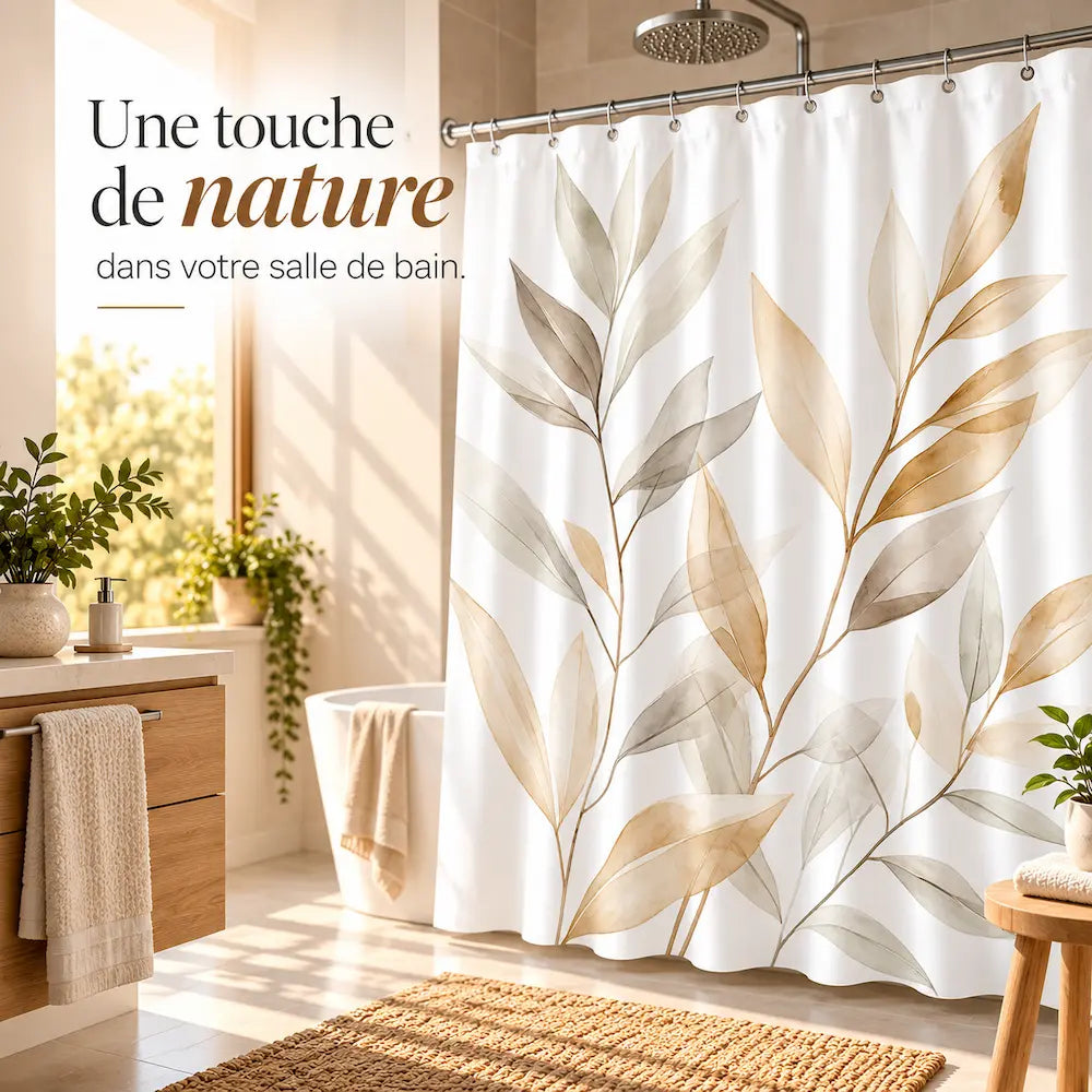 Rideau de douche feuillage – Aquarelle naturelle aux tons doux