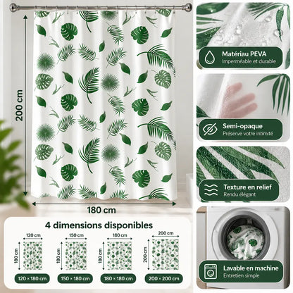 Rideau de douche feuillage vert – Séchage rapide et semi-opaque