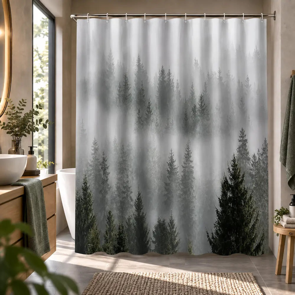Rideau de douche forêt brumeuse – Paysage naturel immersif