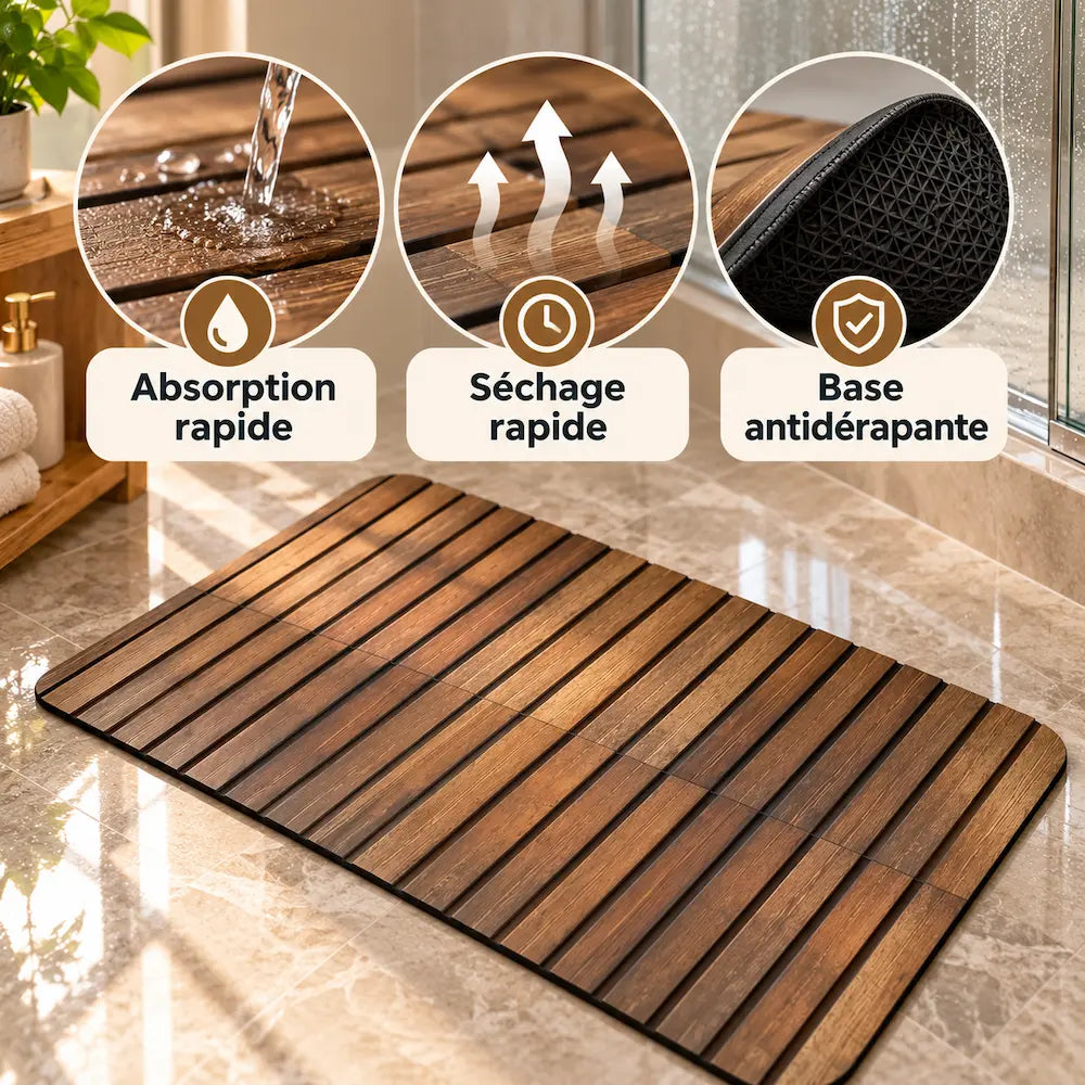 Tapis de bain absorbant effet bois – Séchage rapide antidérapant