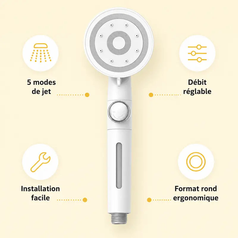 Pommeau de douche pressurisé 5 jets – Débit réglable