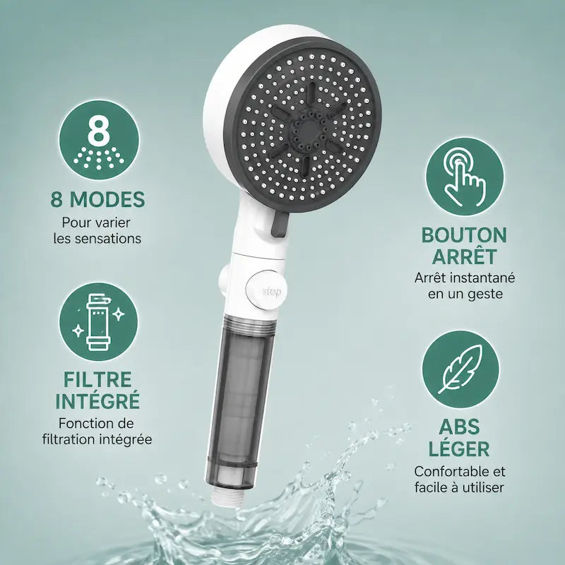 Pommeau de douche filtrant 8 modes – Haute pression réglable