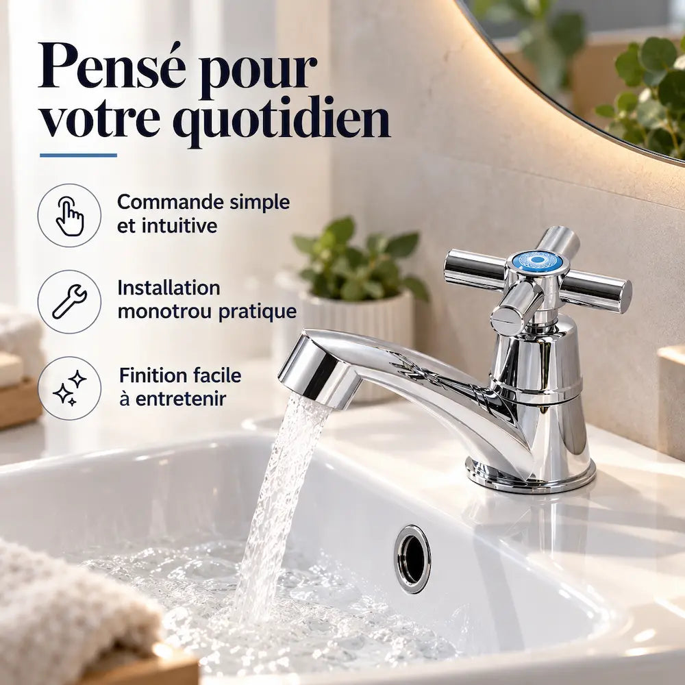 Robinet de lavabo chromé – Mitigeur traditionnel chaud & froid