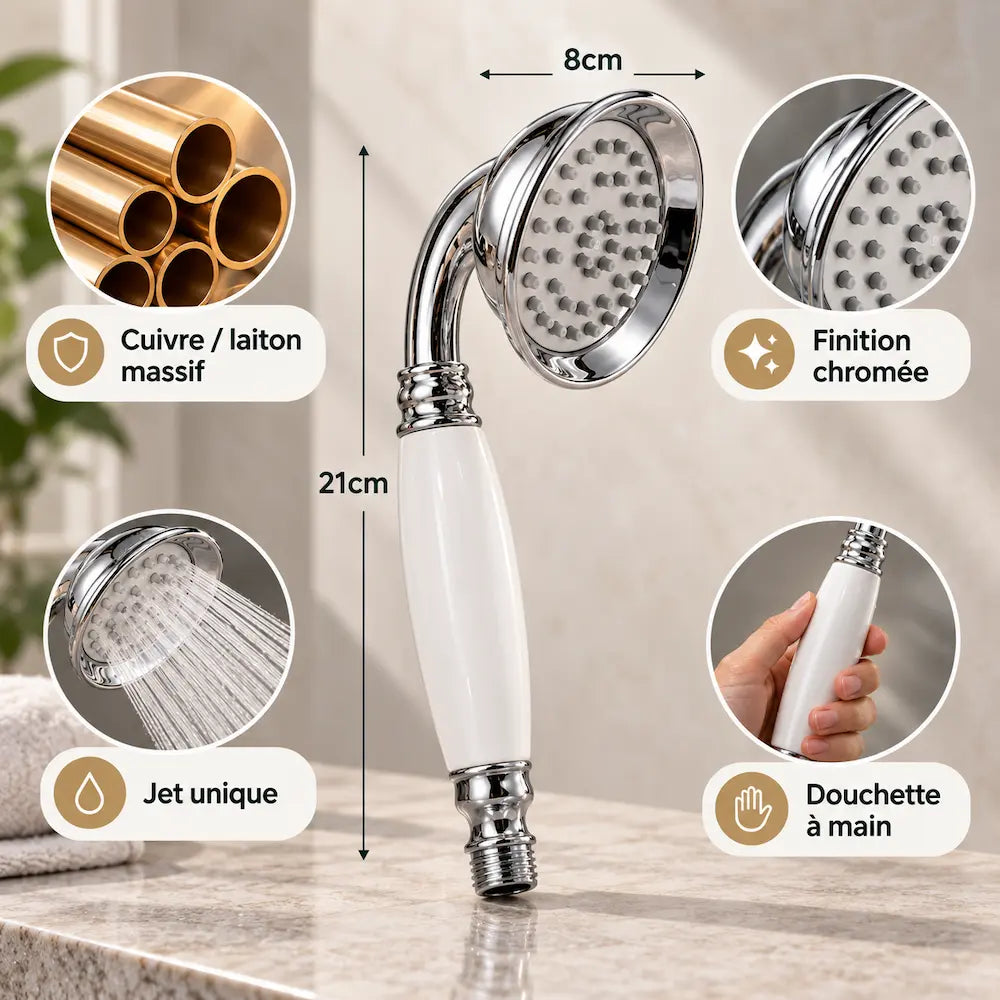 Pommeau de douche en cuivre massif – Finition chromée haut de gamme