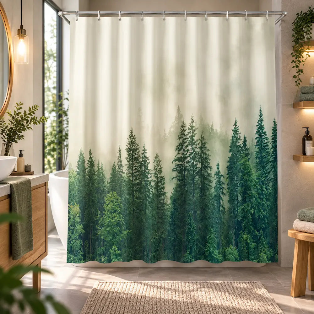 Rideau de douche forêt brumeuse – Paysage naturel immersif