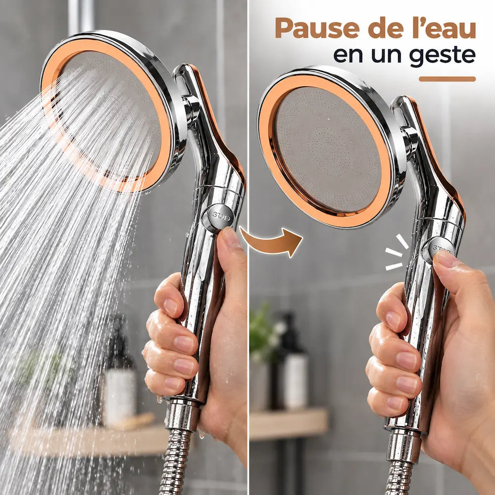 Pommeau de douche grand débit – Grand panneau avec arrêt instantané
