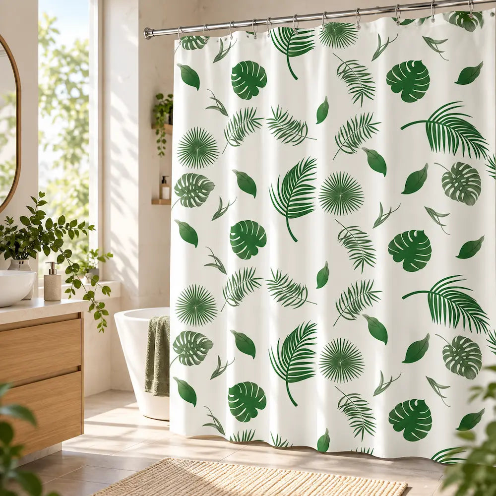 Rideau de douche feuillage vert – Séchage rapide et semi-opaque