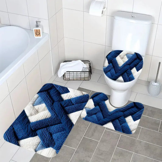 Ensemble tapis de bain géométrique bleu – Flanelle antidérapante