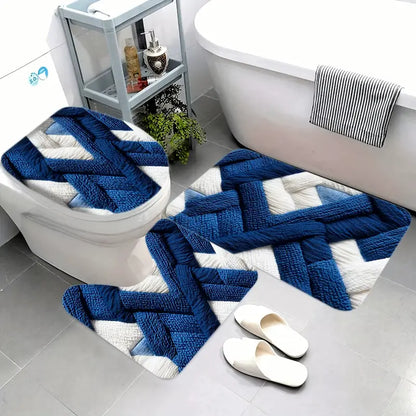Ensemble tapis de bain géométrique bleu – Flanelle antidérapante