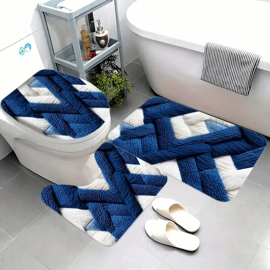 Ensemble tapis de bain géométrique bleu – Flanelle antidérapante