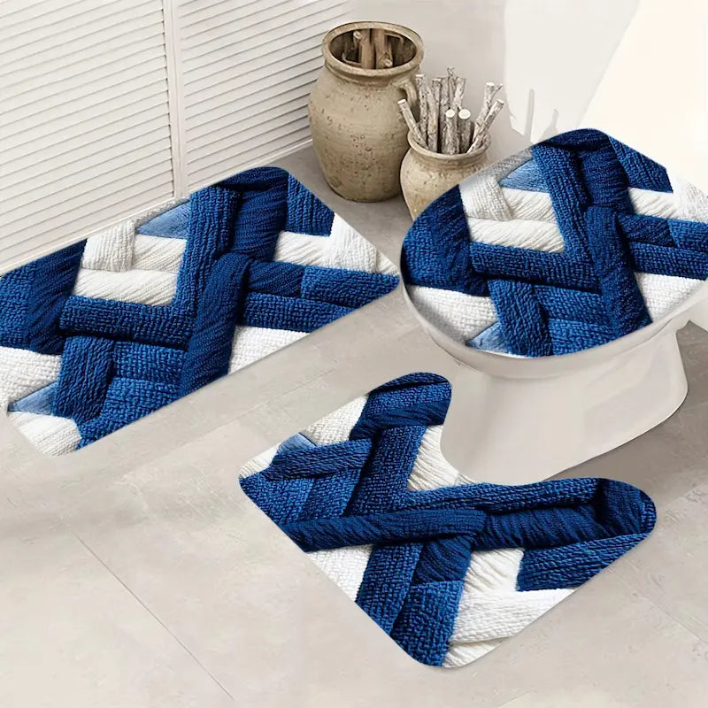 Ensemble tapis de bain géométrique bleu – Flanelle antidérapante