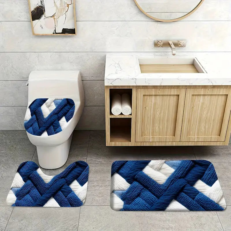 Ensemble tapis de bain géométrique bleu – Flanelle antidérapante