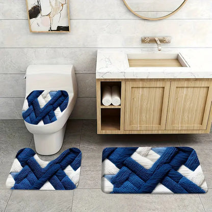 Ensemble tapis de bain géométrique bleu – Flanelle antidérapante