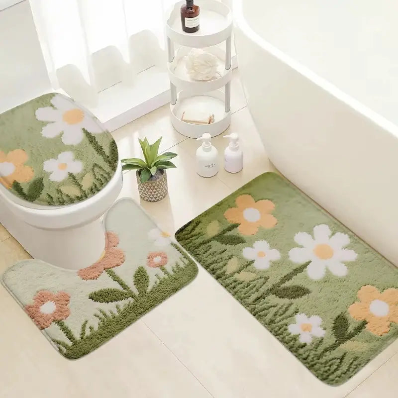 Ensemble tapis de bain marguerite – Antidérapant lavable