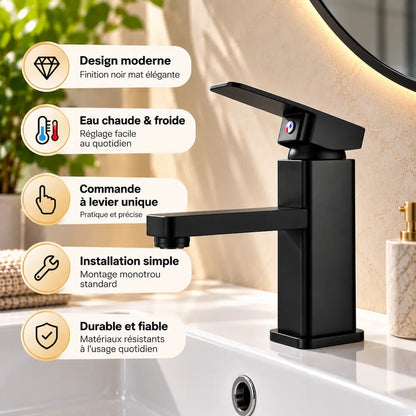 Robinet de lavabo carré – Mitigeur chaud & froid finition noire