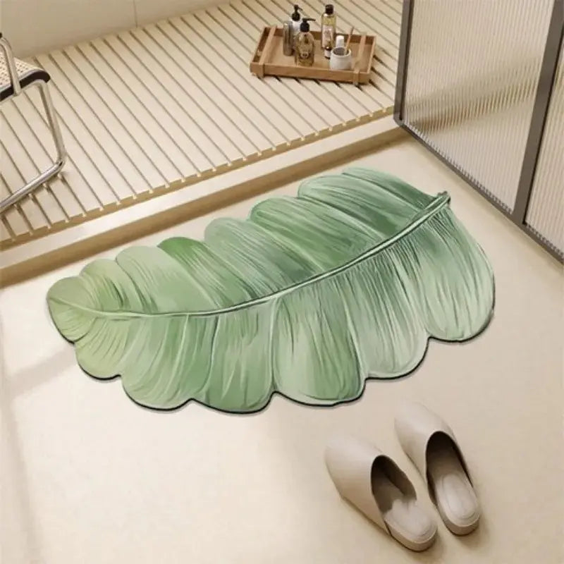 Tapis de bain diatomite feuille verte – Séchage rapide absorbant