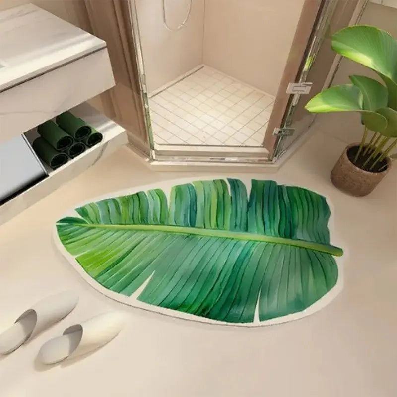 Tapis de bain diatomite feuille verte – Séchage rapide absorbant