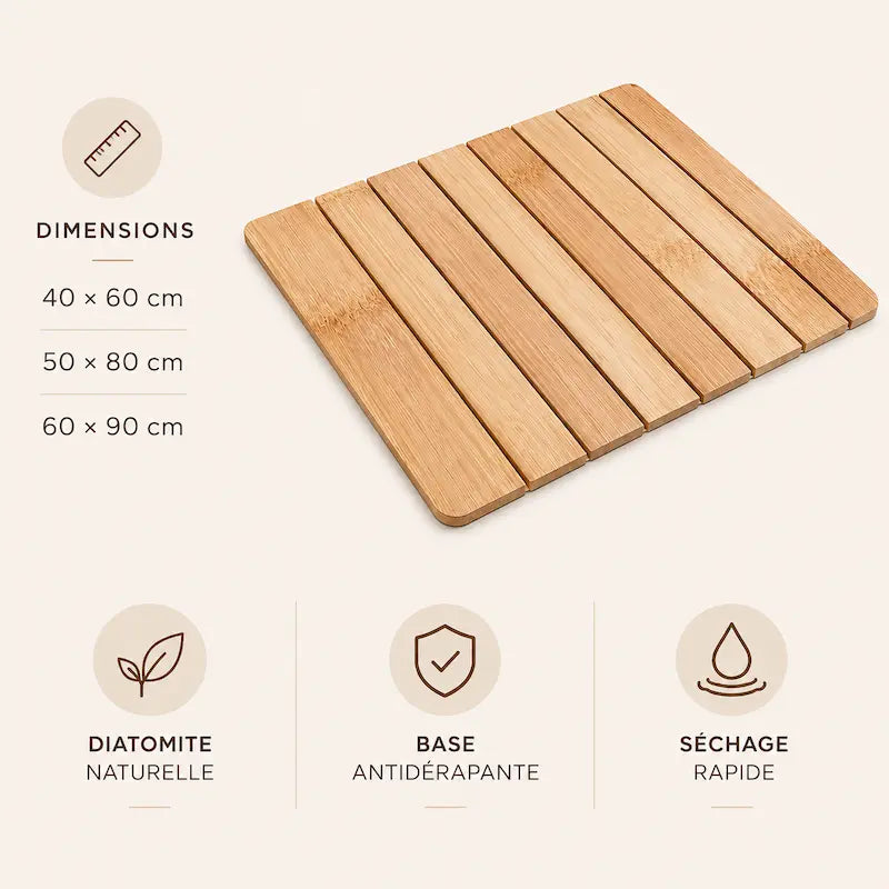 Tapis de bain diatomite motif bambou - Séchage rapide absorbant