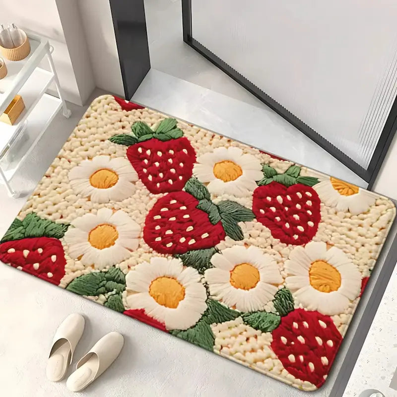 Tapis de bain fraise marguerite – Microfibre absorbante