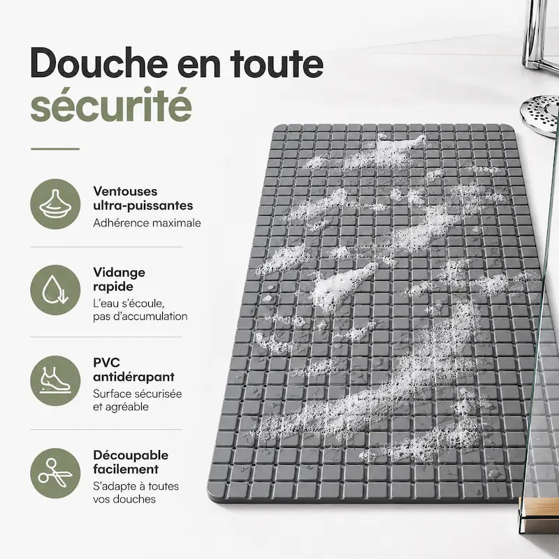 Tapis de douche sécurisé à ventouses – Vidange rapide
