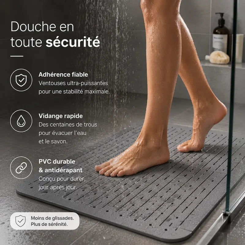Tapis de douche sécurisé à ventouses – Vidange rapide