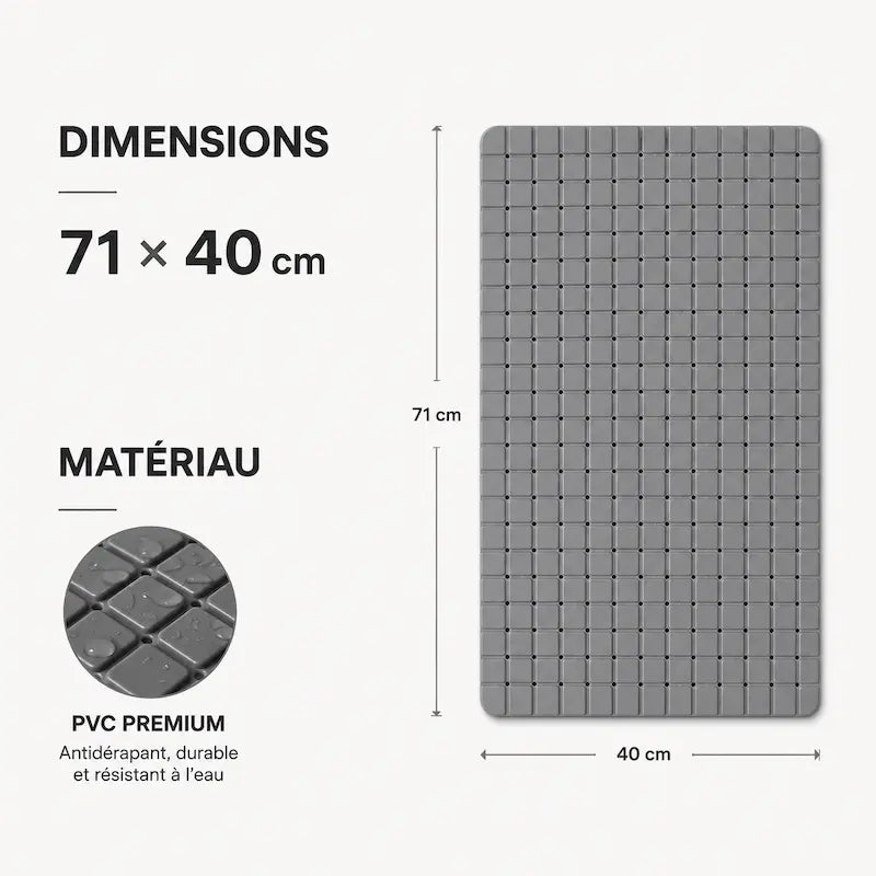 Tapis de douche sécurisé à ventouses – Vidange rapide